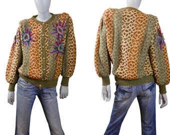 80s Vintage Cardigan, Leopard Print Swedish Vintage Lana Wool Blend Sweater w Gold Glitter Threading: Size Large