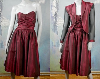 Burgundy Satin Dress Set, 1980s Formal Strapless Prom Dress w Matching Jacket: Size 6 US, 10 UK