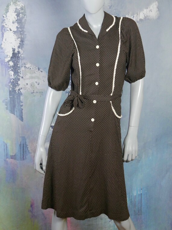 1970s Prairie Dress, Brown & Beige Polka Dot Swed… - image 2