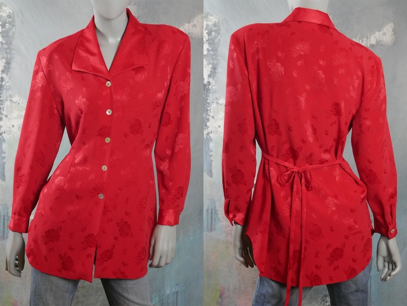 1980s European Vintage Long Tunic-Style Lightweight Blazer Top Red Floral Blouse Size 12 US 16 UK