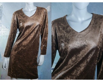 Vintage Brown Dress, 90s Metallic Sheen V Neck Slip-On Cocktail Dress, Size Medium, 10 US, 14 UK
