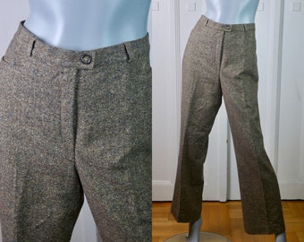 Women's Vintage Tweed Pants, 90s European Brown Wool Silk Blend Trousers, 33x30