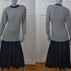Navy Blue and White Nautical Dress, Soft Jersey Cotton 1980s Vintage Striped Sailor Midi
