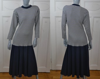 Navy Blue and White Nautical Dress, Soft Jersey Cotton 1980s Vintage Striped Sailor Midi