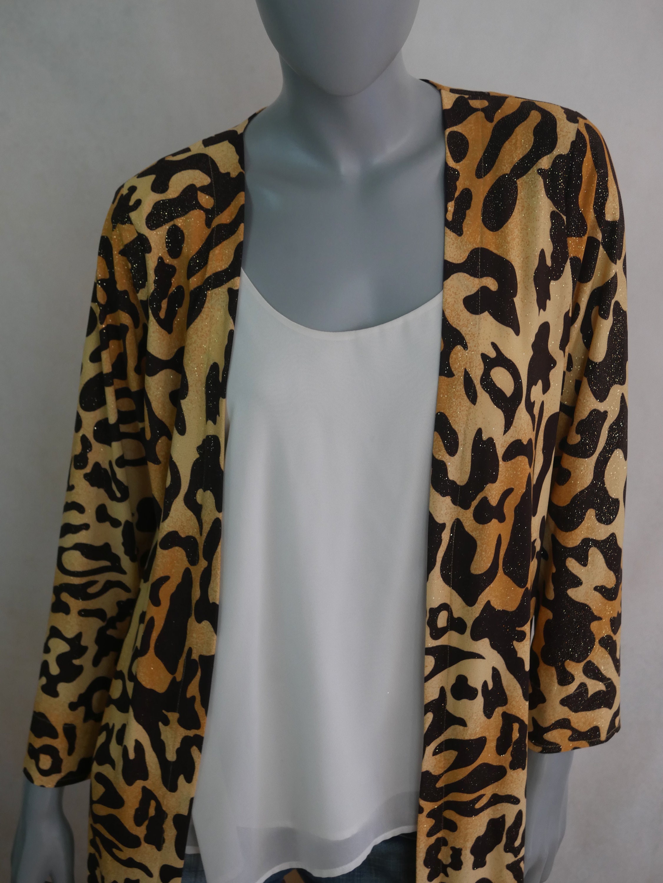 Leopard Print Duster Jacket Long Glitter Robe, Size 6 USA