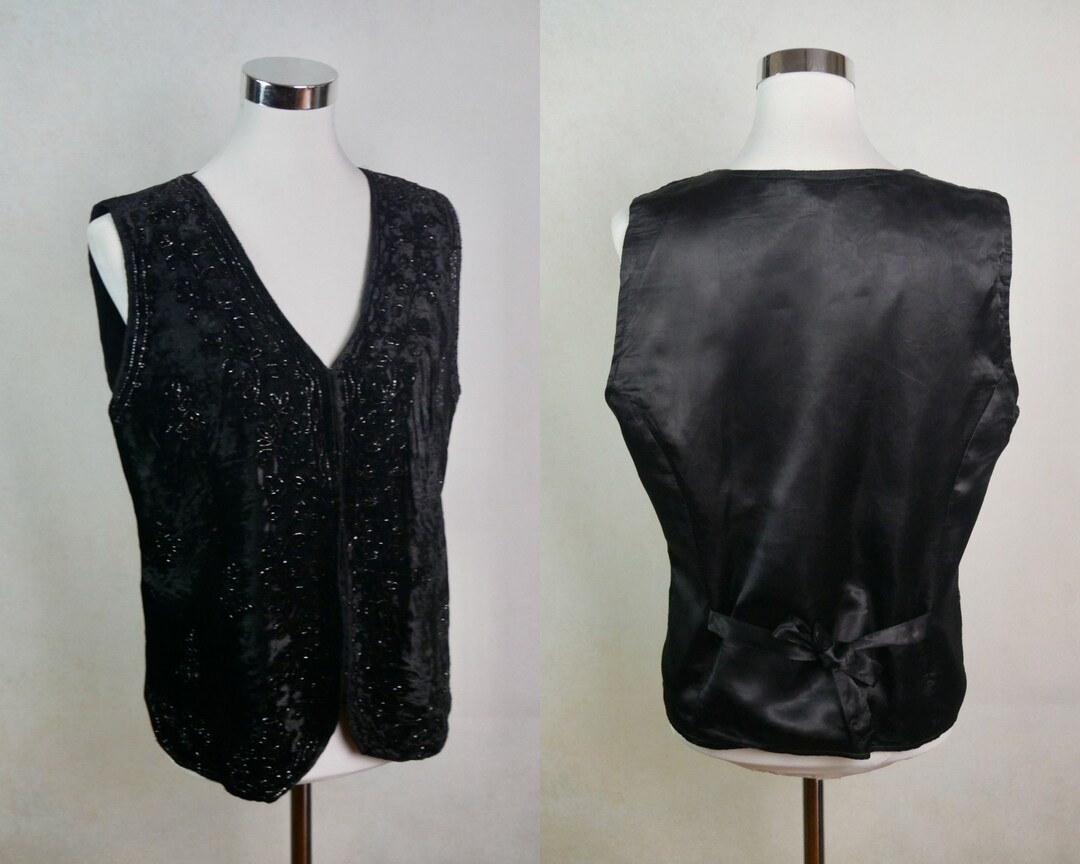 Black Velvet Vest 90s Vintage Beaded Waistcoat With Full - Etsy