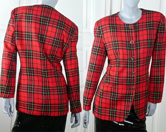 Red Scotch Plaid Blazer, Finnish Vintage Red Black Yellow 1980s Tartan Wool Jacket: Size 6 US, 10 UK