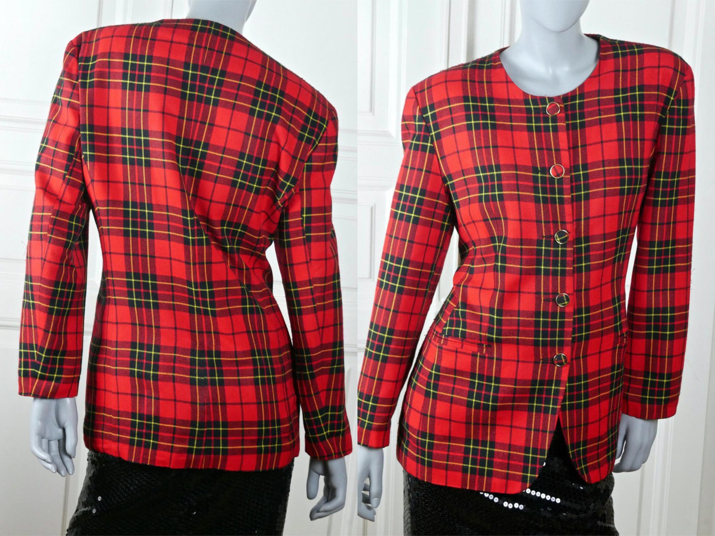 Red Scotch Plaid Blazer Finnish Vintage Red Black Yellow 1980s Tartan Wool Jacket Size 6 US 10 UK