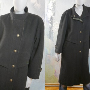 Long Black Coat, 1990s German Vintage Loden Wool & Cashmere Coat: Size 14 US, 18 UK