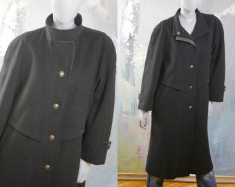 Casaco longo preto, casaco vintage alemão de lã e cashmere Loden dos anos 1990: tamanho 14 EUA, 18 Reino Unido