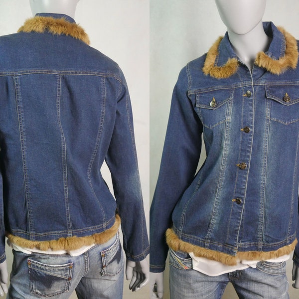 90s Denim Jacket with Fur Collar, Vintage Blue Jeans Jacket