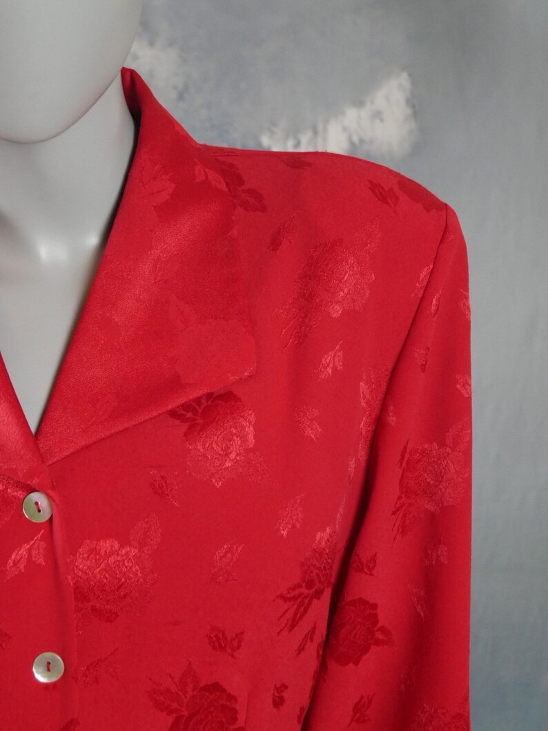 1980s European Vintage Long Tunic-Style Lightweight Blazer Top Red Floral Blouse Size 12 US 16 UK