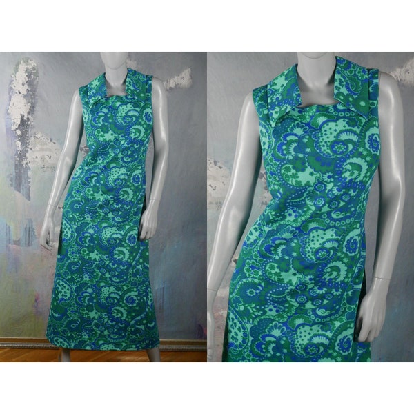 60s Sleeveless Mod Dress, Aqua Green Turquoise and Blue Danish Vintage Midi