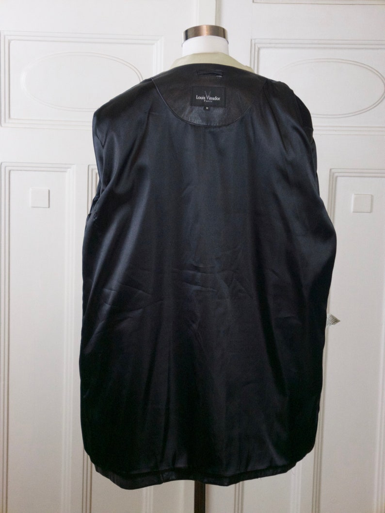 Vintage Black Leather Coat, 80s European Soft Lambskin Coat with Cream Collar, Size 14 US, 18 UK image 8