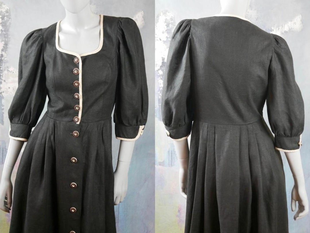 Black Linen Prairie Dress, Puff Sleeve Austrian Trachten Dress W Faux ...