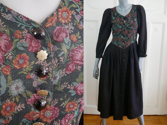 Black Linen Puff Sleeve Dress with Floral Brocade - image 1