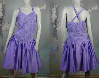 Vintage Prom Dress, Sleeveless Lilac Purple Crumpled Accordion Pleating Crinkled Top w Crossover Straps in Back: Size 6 US, 10 UK