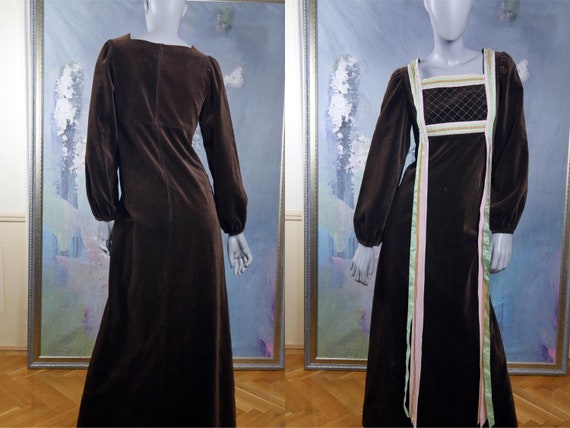 70s Maxi Dress, Brown Velvet Elizabethan Style Bo… - image 1