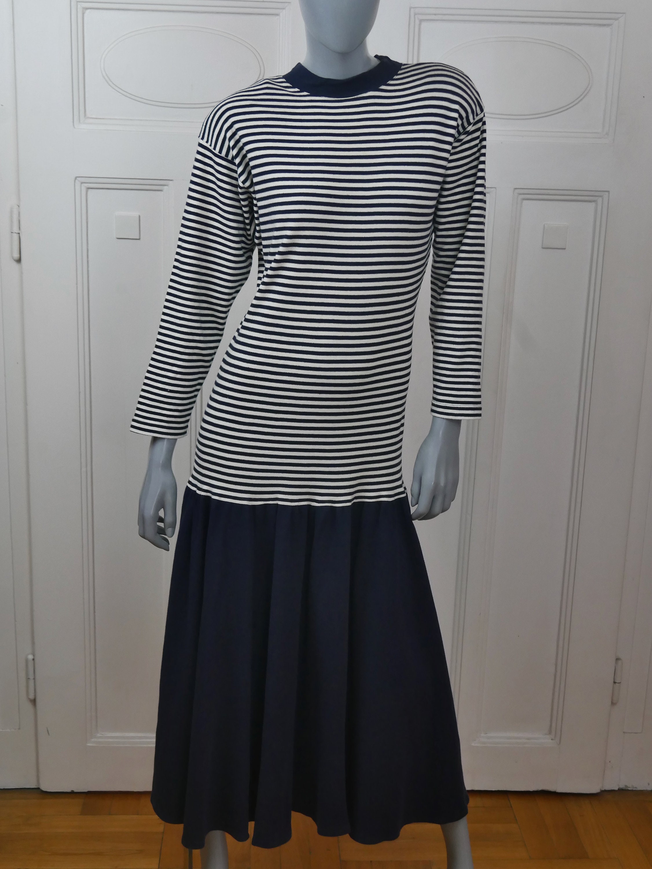 Navy Blue and White Nautical Dress, Soft Jersey Cotton 1980s Vintage Striped Sailor Midi - Etsy Navy Blue and White Nautical Dress, Soft Jersey Cotton 1980s Vintage Striped Sailor Midi - Etsy