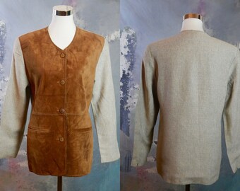 Europäische Vintage Wildleder Jacke, 1990er Jahre europäischen Vintage Leder Front mit grauer Wolle zurück und Ärmel: 8 US, 12 UK