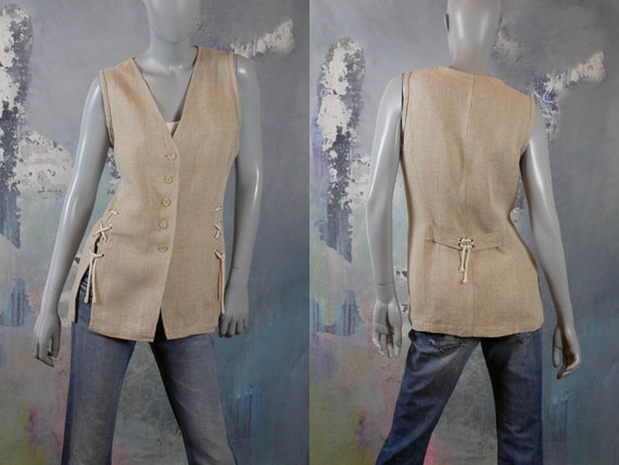 Beige Linen Vest, 1990s European Vintage Long Waistcoat W Crisscross Rope  Lacing: Size 10 US, 14 UK 