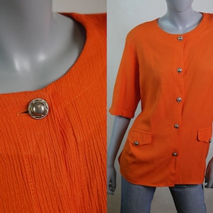 Vintage Orange Blouse, 80s Short-Sleeve Women&#39;s Top, Size Large (12 to 14 US, 16 to 18 UK)