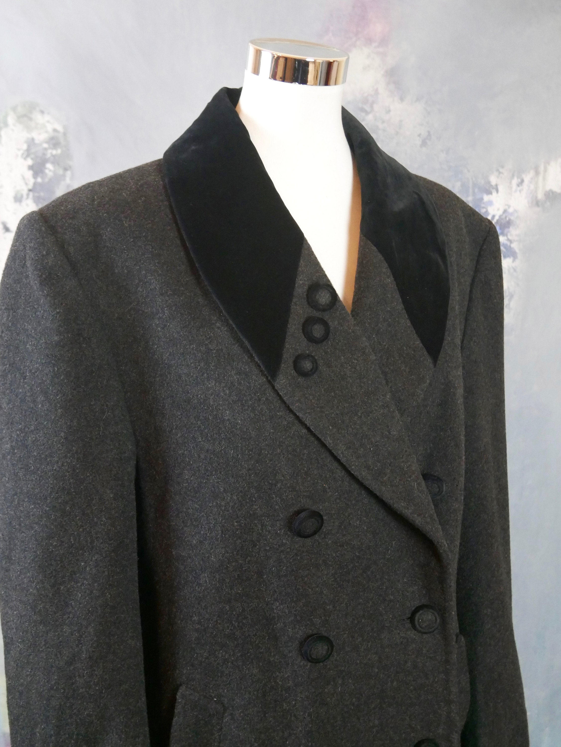 【90's】Wool Maxi Chester Coat / Dark Gray Oversized Wool Coat, Women Maxi Coat for Winter, Long Plus