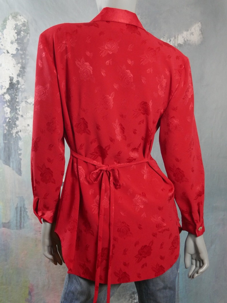 1980s European Vintage Long Tunic-Style Lightweight Blazer Top Red Floral Blouse Size 12 US 16 UK