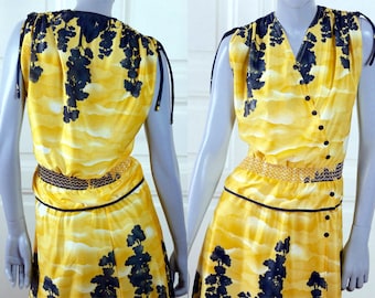 Yellow & Black Sleeveless Summer Dress Set, 1980s Spanish Vintage Two Piece Top and Skirt: Size 12 US, 16 UK