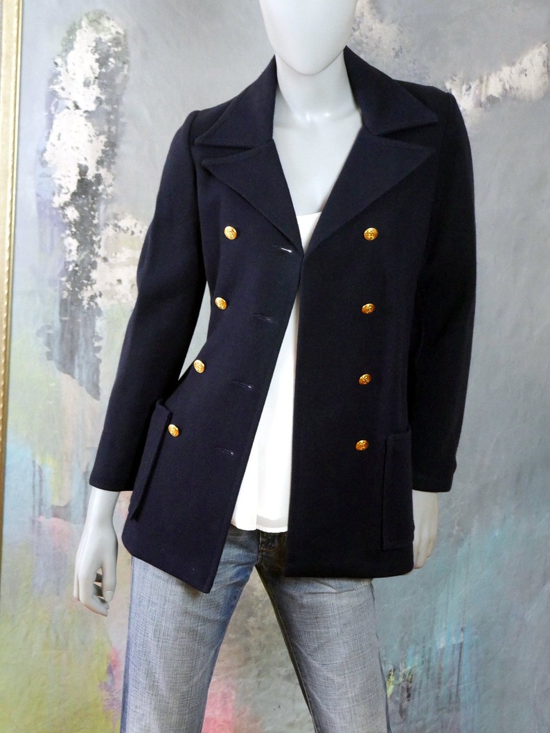 Size 6 US 1980s Swedish Vintage Peacoat Style Dark Navy Blue Double-Breasted Blazer Jacket with Gold Anchor Buttons 10 UK
