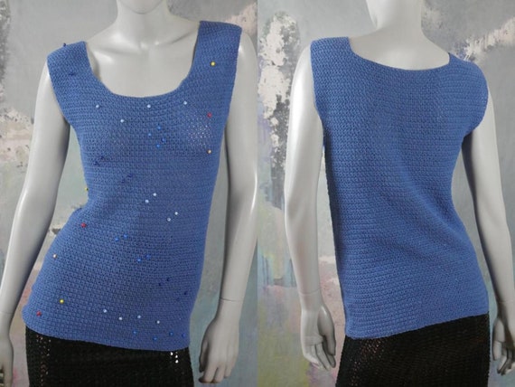Blue Summer Sweater Vest Sleeveless Beaded 1990s … - image 1