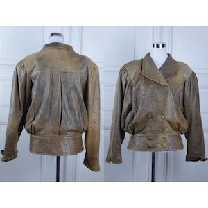 Veste en cuir marron des années 80, manteau croisé en cuir souple avec revers larges