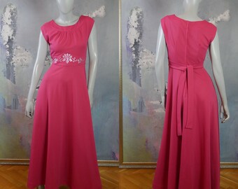 1970s Long Dress, British Vintage Fuchsia Sleeveless Dress with Empire Waistline and Glitter Floral Pattern Waistband: Size 6 US, 10 UK