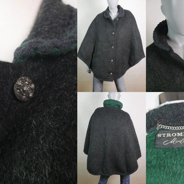 Cape Coat, millésime européen des années 1980 Gris anthracite Laine et mohair avec col festonné, Taille Petite, 4 à 6 US, 8 à 10 Royaume-Uni