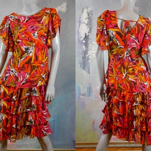 1980s Orange Abstract Ruffle Dress, European Vintage Short-Sleeve Summer Dress w Four-Layer Asymmetrical Hemline: Size 10 US, 14 UK