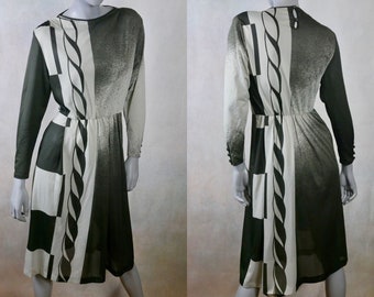 1980s Vintage Sheer Dress, Light Gray and Black: Size 10 US, 14 UK