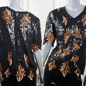 Sequin Top, Black Gold British Vintage Sequin and Beaded Cocktail Party Silk Blouse, Elegant Evening Top: Size 12 US, Size 16 UK