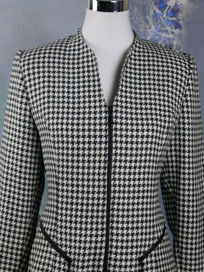 Italian Vintage Blazer Zippered Dogstooth Jacket: Size 68 US Women/'s Black White Houndstooth Jacket 1012 UK