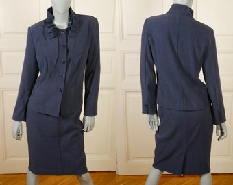 1980s Blue Suit Dress Set, Edgar Vos Dutch Vintage Blazer & Skirt Two Piece w Ruffle Neckline: Size 12 US, 16 UK