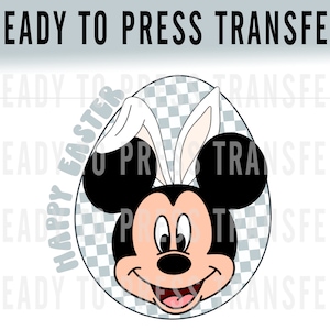 May include: A ready to press iron-on transfer featuring Mickey Mouse wearing bunny ears and a checkered egg background. The text "Happy Easter" is written in a circle around Mickey Mouse.