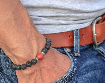 Natural Hand Made Lava Bracelet from Canary Islands, Black Lava with Red Jasper, Can be Used With Essential Oils, Keep Aroma