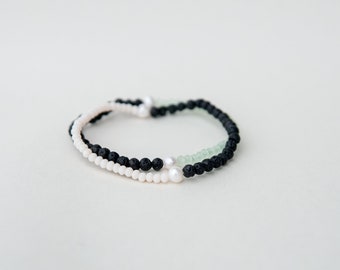 Minimalism Bracelet Set, Black Lava, Mint, Cream colour Glass beads, River Pearl accent, Diffuser bracelets, Essential oils, Minimalism