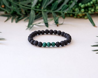 Malachite Stone Bracelet, Black Lava with Genuine Malachite stone, Green Accent Bracelet,Black lava and Green Malachite Stone,Essential oils