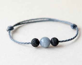 Gray String Knotted Lava Aroma Bracelet, Black lava and Gray stone Bracelet, Minimalism Bracelet, Canary Lava Bracelet, Aroma Bracelet