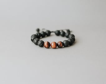 Heavy Duty Para-Aramid String, Aramid Fiber Bracelet, Black Lava and Tiger-eye Bracelet, Big Lava Bracelet, Tigereye Bracelet, Mens bracelet