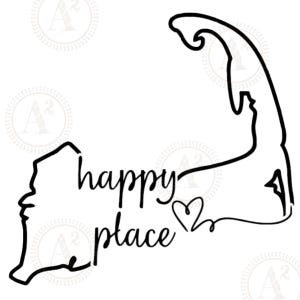 May include: Black and white line art illustration of Cape Cod with the text "happy place" and a heart.