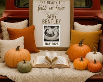Aankondiging zwangerschap herfst | Word verliefd babyaankondiging | Fotorekwisiet voor vrachtwagens herfst | Bewerkbare canvassjabloon | Zwangerschapsonthulling pompoen