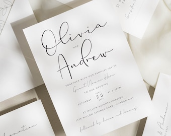 Black And White Wedding Invitation with Envelope Liners, Simple Wedding Invitation Set, Calligraphy Invites, Modern 'Olivia' SAMPLE