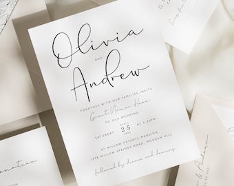 Simple Wedding Invitation Set, Personalised Wedding Invitation with Envelope Liners, Calligraphy Invites, Modern 'Olivia' SAMPLE
