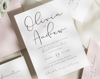 Ensemble de faire-part de mariage simple en vélin, faire-part de mariage rose poudré avec doublures d'enveloppe, invitations calligraphie, invitation florale « Olivia »